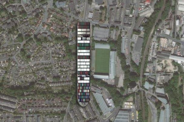 This shows the Ever Given is almost double the size of The Shay Stadium in Halifax.