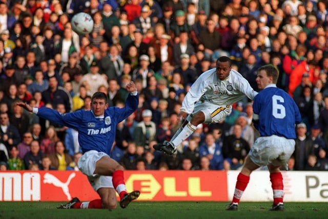 Rod Wallace fires towards goal during Leeds United's FA Cup fifth round clash against Portsmouth at Elland Road in February 1997. Pompey won 3-2.