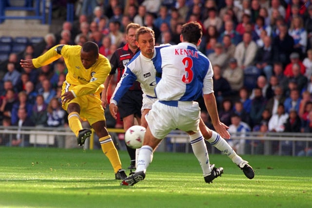 Rod Wallace fires in his second goal against Blackburn Rovers during the Premier League clash at Ewood Park in September 1997.