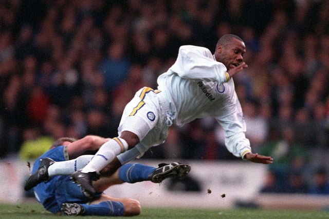 Rod Wallace is brought down on the edge of the Everton box during the Premier League clash at Elland Road in December 1997. The game finished goalless.