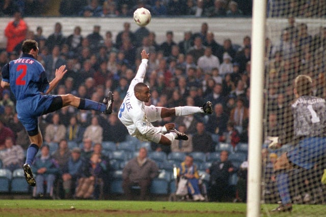 Rod Wallace tries a spectacular effort on the Bolton Wanderers goal during the Premier League clash at Elland Road in March 1996. The Whites lost 1-0.