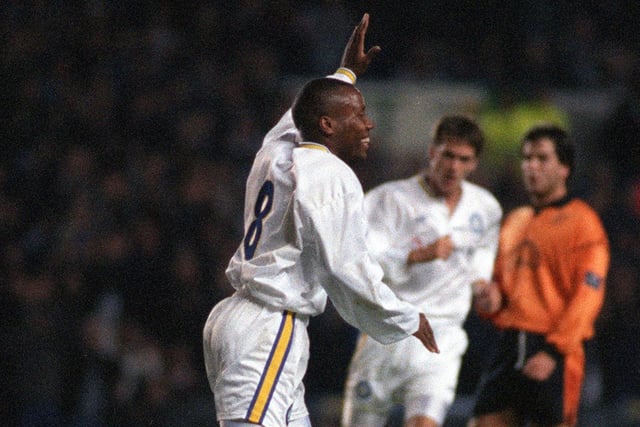 Rod Wallace celebrates scoring against Darlington during the Coca Cola Cup round 2 first leg clash at Elland Road in September 1996. He bagged a brace in a 2-2 draw.