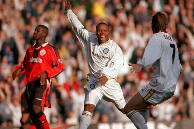 Rod Wallace celebrates scoring gthe first of his two goals against Nottingham Forest at Elland Road in October 1996.