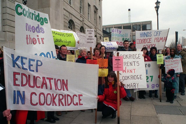 Cookridge Primary protesters pictured before a council meeting to discuss the closure-threatened school at the Civic Hall.