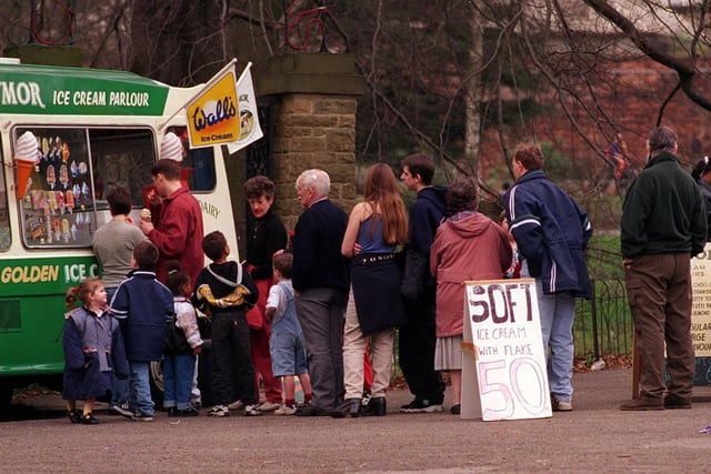 The queue for ice creams at Roundhay Park on a winter's day.