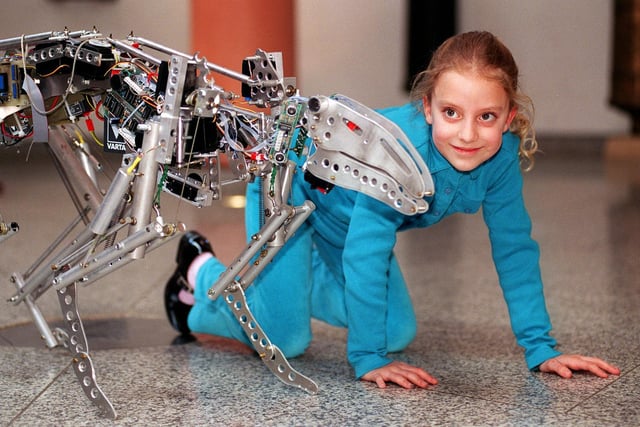 Young Helen Ashcroft mimicks the movements of a robotic Iguanodon dinosaur as the computer controlled robot walks along the floor of the Royal Armouries.