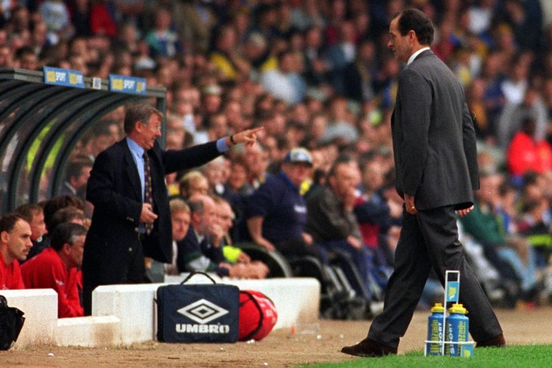 Alex Ferguson feels the pressure in the dug-out at Elland Road.
