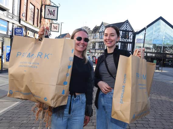 Happy shoppers - Hayley Hoban, left, and Ashleigh Holt enjoyed clothes shopping at Primark, Wigan town centre.