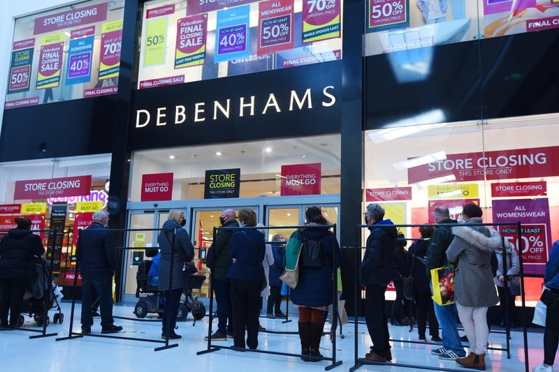 Shoppers looking for bargains as Debenhams opens for a closing down sale at the Grand Arcade shopping centre, Wigan.