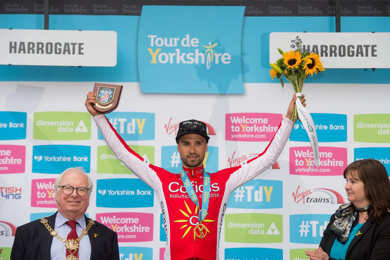 Date:29th April 2017.                                  Picture James Hardisty
TDY 2017 Stage 2, Finish of the Mens Race in Harrogate. Pictured (right) French cyclist Nacer Bouhanni, celebrating winning the Mens Stage 2 of the Tour de Yorkshire in Harrogate.