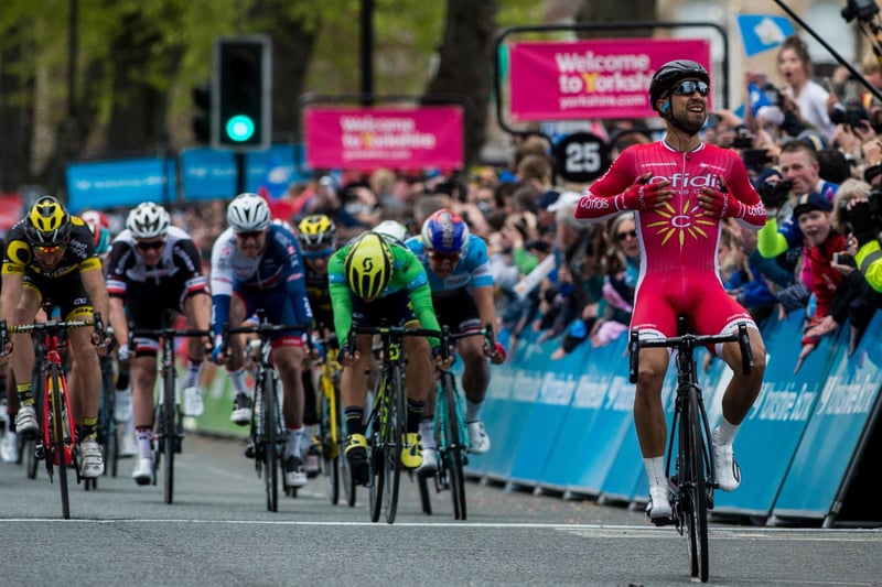 Date:29th April 2017.                                  Picture James Hardisty
TDY 2017 Stage 2, Finish of the Mens Race in Harrogate. Pictured (right) French cyclist Nacer Bouhanni, celebrating winning the Mens Stage 2 of the Tour de Yorkshire in Harrogate.