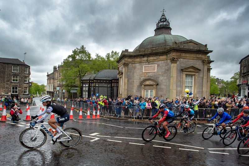 ASDA Womens Tour de Yorkshire Stage 1: Barnsley to Bedale.
Lizzie Deignan leads the peloton as it passes the Pump Room in Harrogate whilst on the circuit to be used for the 2019 Worls Championships in September.
3 May 2019.
Picture Bruce Rollinson