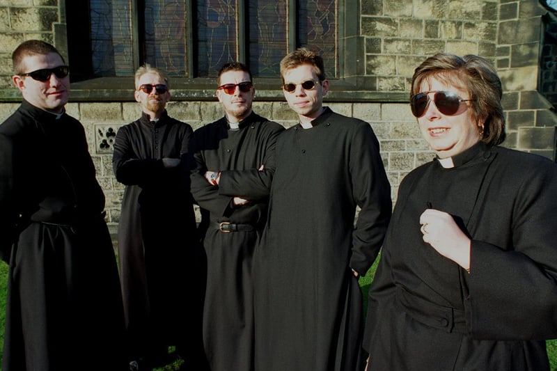 Novemvber 1997 and pictured are Otley vicars in a parody of film Men in Black. From left to right are David Banbury, Robin Gamble, Simon Ponsonby, Jonathan Brewster and Janice Sharp.