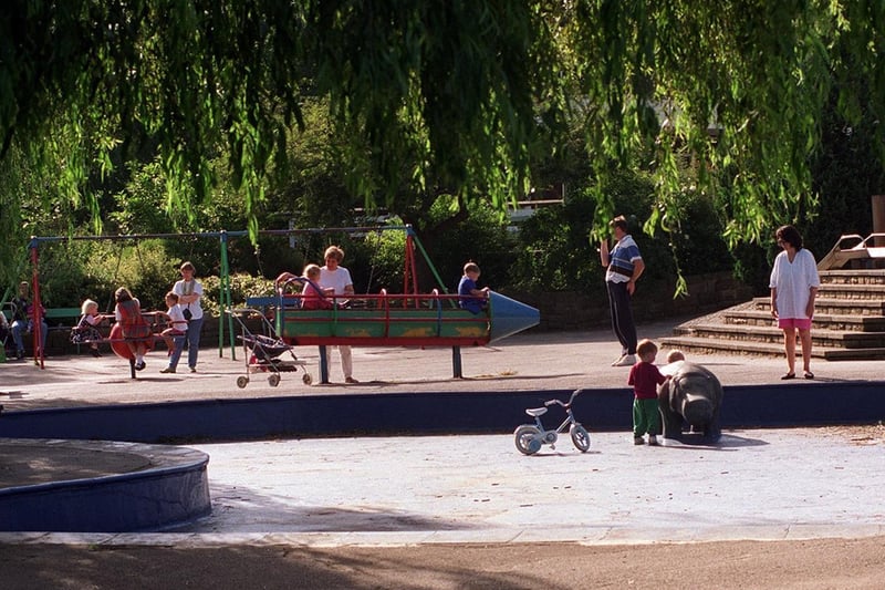 The disused paddling pool at Otley near the children's play area next to the River Wharfe.