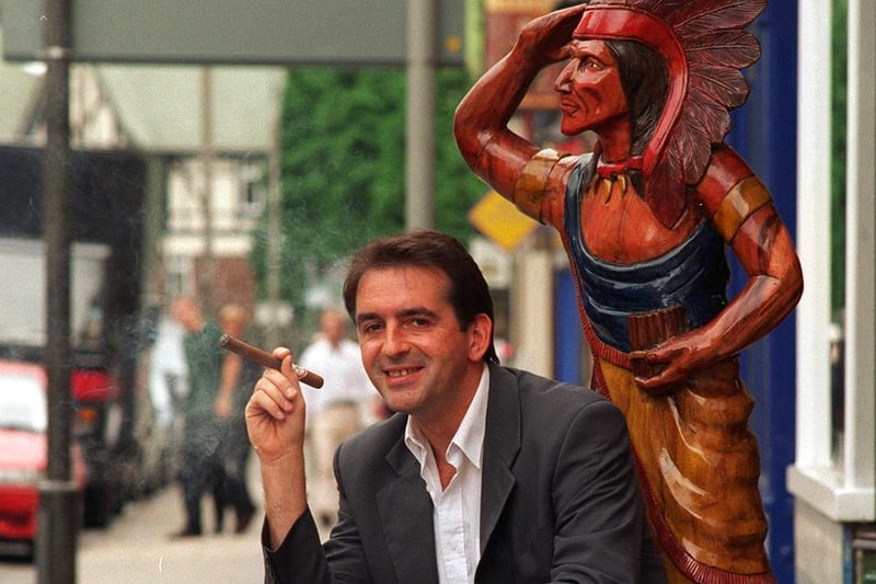 James Barber enjoying a cigar outside his tobacconist shop on Kirkgate in July 1997.