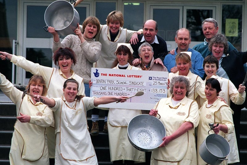 Members of the Benton Park School lottery syndicate in March 1998. Holding the cheque (centre) is lottery leader Christine Lawrence.