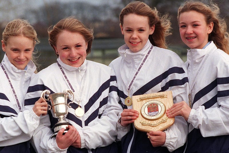 These Benton Park High School pupils - Sally Rusbatch, Nicola Crigg, Joanne Dawson and Lana Schofield  - were celebrating success at the English Schools Junior Girls Swimming Championships in February 1998.