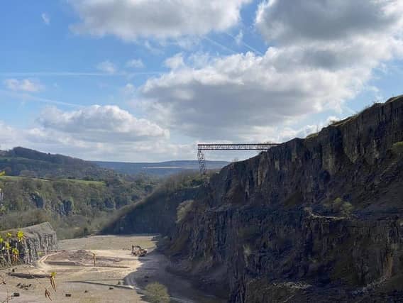 A huge bridge has been constructed over the edge of a disused quarry in Derbyshire.
