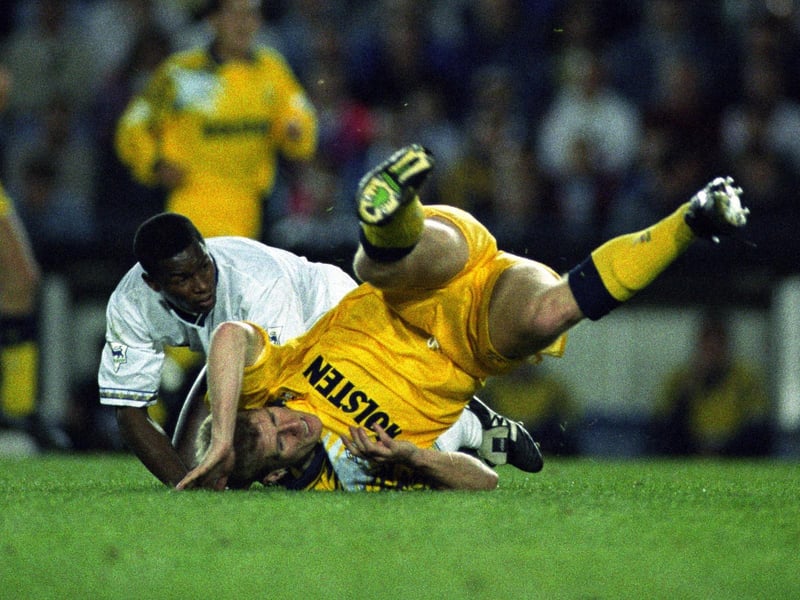Chris Fairclough and Tottenham's Gordon Durie take a tumble.