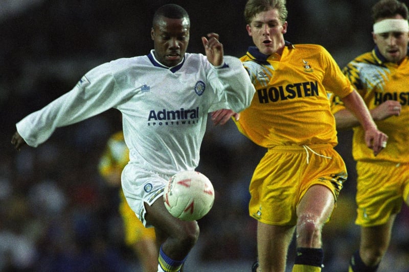 Rod Wallace holds off the challenge of Spurs debutant Dean Auston. Wallace opened the scoring from an acute angle after pouncing on a poorly controlled back pass by goalkeeper Erik Thorstvedt.
