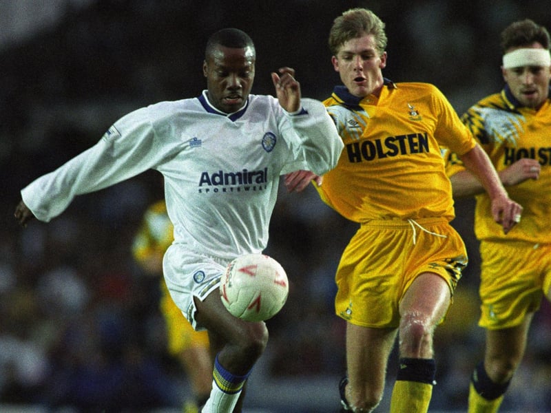 Rod Wallace holds off the challenge of Spurs debutant Dean Auston. Wallace opened the scoring from an acute angle after pouncing on a poorly controlled back pass by goalkeeper Erik Thorstvedt.