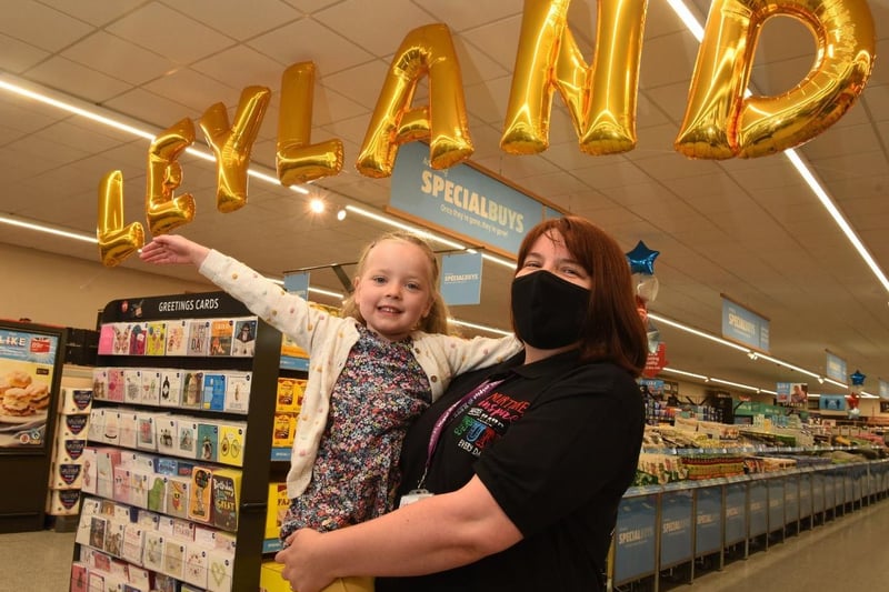 Little shopper Dorothy with Katy, who were both invited to the new Leyland Aldi opening in School Lane this morning (May 6)