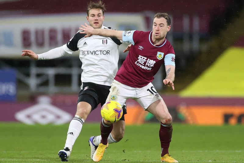 Ashley Barnes of Burnley battles for possession with Joachim Andersen of Fulham during the Premier League match between Burnley and Fulham at Turf Moor on February 17, 2021 in Burnley, England.