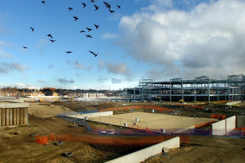 The £210m project then included plans for Debenhams, Sainsbury’s, a market hall and library, as well as 72 apartments, and was scheduled for completion in 2010. It is seen here under construction in January 2010.