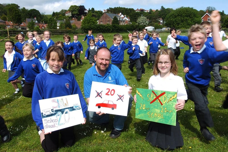 Ruswarp children get their pictures placed on speeding signs.