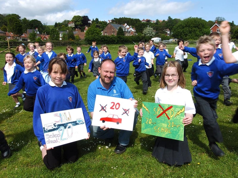 Ruswarp children get their pictures placed on speeding signs.