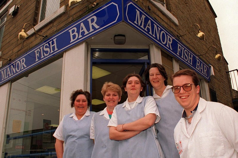 The Manor Fish Bar was celebrating being a champion chippy. Pictured, left to right, are Enid Paul, Sharon Alexander, Anita Lofthouse, Sylvia Henderson and Simon Readman.
