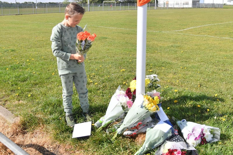 Friends, team-mates and people from across Blackpool are leaving tributes of flowers and footballs at Common Edge playing fields, in memory of Stanley Primary School pupil Jordan Banks. Picture by Dave Nelson