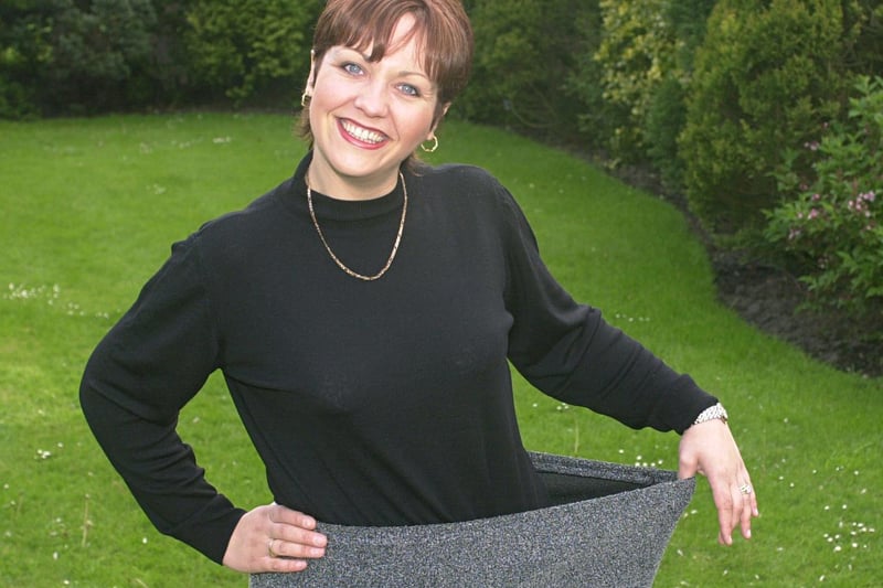 Tracy Swinford from Horsforth had lost six stone in weight after joining Slimming World in August 1999. She is pictured with one of her old skirts.
