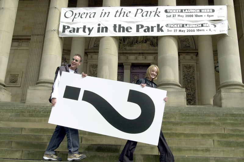 Radio Aire DJ's Simon Logan and Katie Kaboom with a giant question mark on the steps of Leeds Town Hall.  The station launched a search for a youngster to DJ at Party in the Park in July.