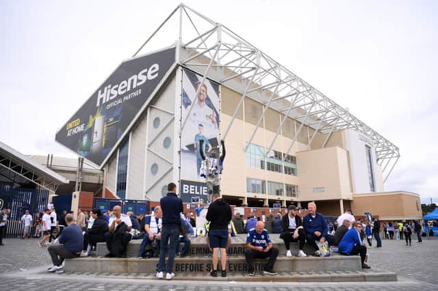 Leeds United fans gather outside Elland Road on matchday. Pic: Laurence Griffiths.