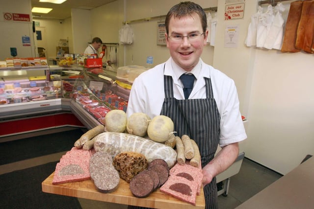 Butcher Bradbury showing off the town centre shop's selection of Scottish meat ready for Burns suppers across the town back in 2012