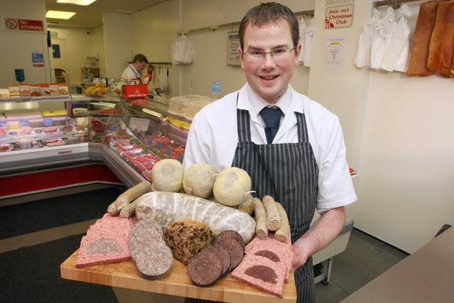 Butcher Bradbury showing off the town centre shop's selection of Scottish meat ready for Burns suppers across the town back in 2012