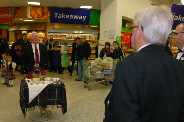 Charlie Stuart addresses the Haggis at a celebratory event at Corby Asda in 2010