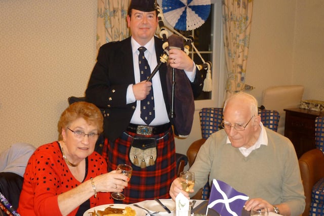 Gwen Jones and her husband Graham were serenaded by bagpiper Mark McLaughlan at Seagrave House Care Home in Corby as part of the home's Burns Night celebrations in 2015