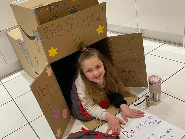 Seven-year-old Isla raising money for homeless charity, the Northampton Hope Centre, with her 'sleep-in'.