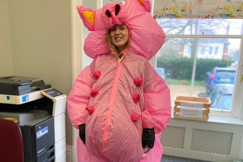 Rebecca Ingram dressed up as a giant, inflatable Peppa Pig to surprise the children at her nursery school.