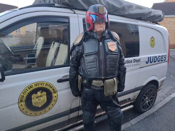 Steve dressed as Judge Dredd to raise money for Comic Relief