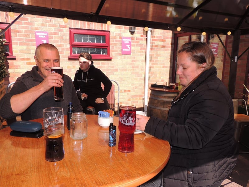 Cheers - Mick Lightfoot and Mandy Cotterill said it was great to get back to the Barge and Bottle in Sleaford. EMN-211204-163357001