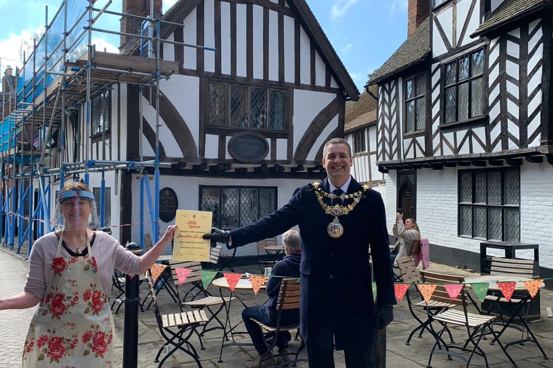 The Mayor, Cllr Terry Morris went to various businesses across the town to celebrate the reopenings. Photo submitted