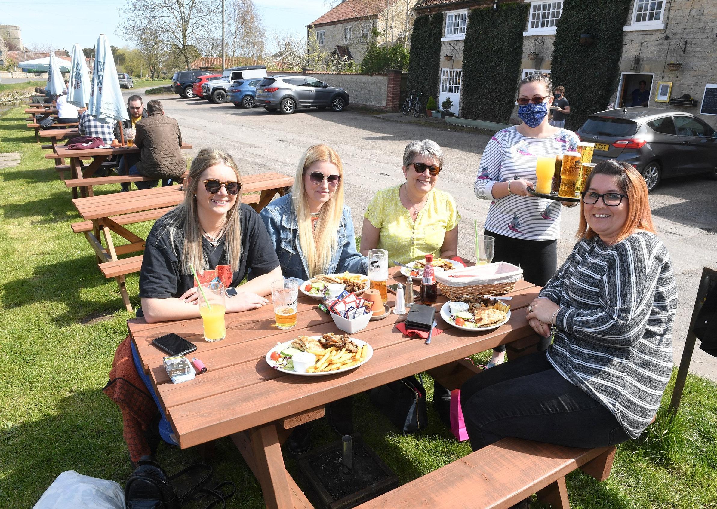 The Royal Oak, Scopwick. L-R Jess Willetts, Kerry Garrick, Judy James, Laura Mettam, Leia Timmins EMN-210419-092933001