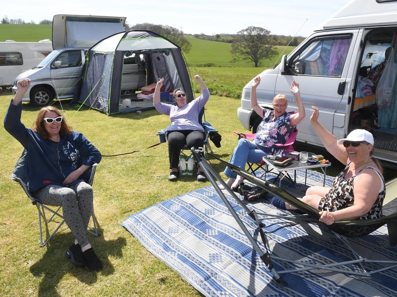 Heath Farm Caravan Site, Rauceby. Members of Lone Caravaners, Campers and Motorhomers L-R Ruth Farrell, Sue Hammond, Sylvia Bryant, Dawn Curtis. EMN-210419-093026001