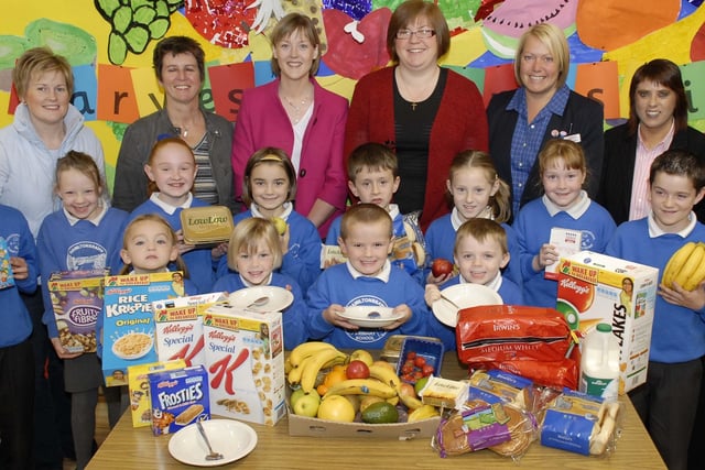 Pupils of Hamiltonsbawn Primary school who took part in a health promotion and child protection awareness week in 2007 pictured with some of the healthy food donated to the school by local firms for a breakfast club and healthy break. Adults pictured from left, Karen Hunter, teacher, Alison Strong, JD Hunter Supermarket, Markethill, Joanne Grant, Irwins Bakery, Jackie Murphy, Chapmans Farm Fresh, Margaret Cherry, Tesco, Joanne Cassidy, Kerry Foods and Mrs Fiona Martin, principal