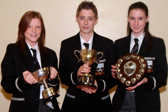 Endeavour Cup winners from Markethill High School's Junior Prize Day in 2007, from left, Lauren Douglas with the Lady R Cup, James Johnston, winner of the Anna Dougan Cup and Cherith Hall with the Young Historian Award