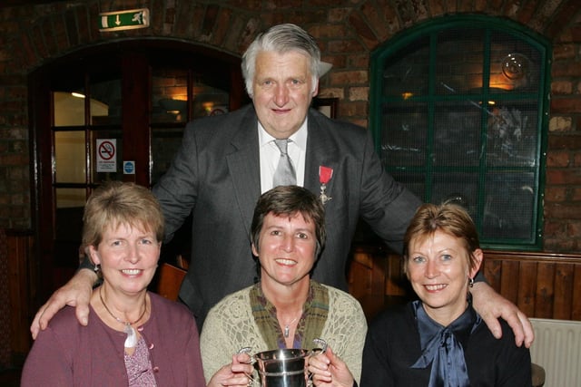 Joint winners of the Markethill Festival Art Competition in 2007 were St James Mullabrack and Collone PS. Accepting the cup from Alison Stronge centre are Edith Scoley left and Patricia Hughes right. Also included is festival Chairman Robin Dalzell