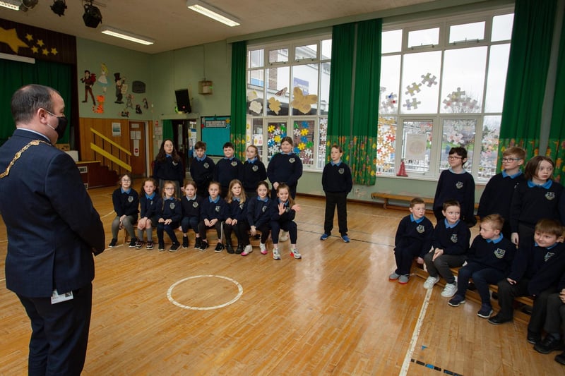 Derry City & Strabane District Council Mayor Brian Tierney speaking to years 5-6 children at Strabane Controlled Primary School during a recent visit.